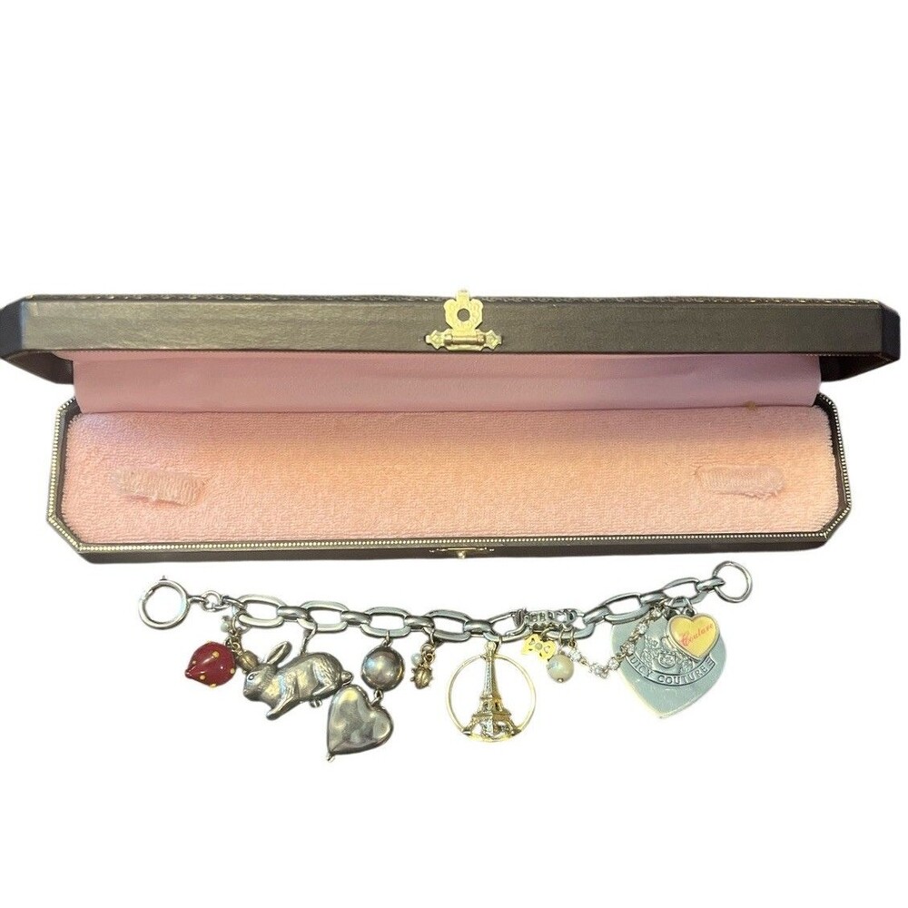 Juicy Couture Vtg Y2K Silver Tone Heart Eiffel Tower Colorful‎ Charm Bracelet